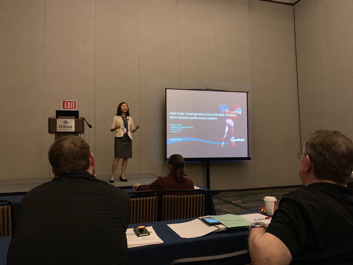 CareyYangPhD's tweet photo. Mosha Zhao from ⁦@XOM_Chemical⁩ spoke on how Exceed XP PE polymers create values &amp; sustainable solutions in flexible packaging by cost savings, down gauging, improved  properties &amp; easier processing ⁦@4SPE_Plastics⁩ #flexpackcon ⁦⁦⁦@AIMCALorg⁩ https://t.co/zGt46BLBoJ