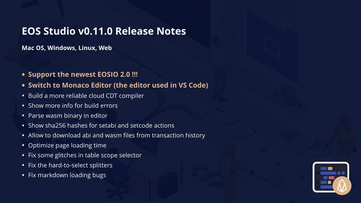 obsidian_labs's tweet image. We are very excited to announce that #EOSStudio (eosstudio.io) has been updated to v0.11.0 !! 

Among the many new features, we followed the #EOSIO™2  release cycle and switched to #MonacoEditor to improve code editor performance.

Read more 👉 t.me/eosstudio