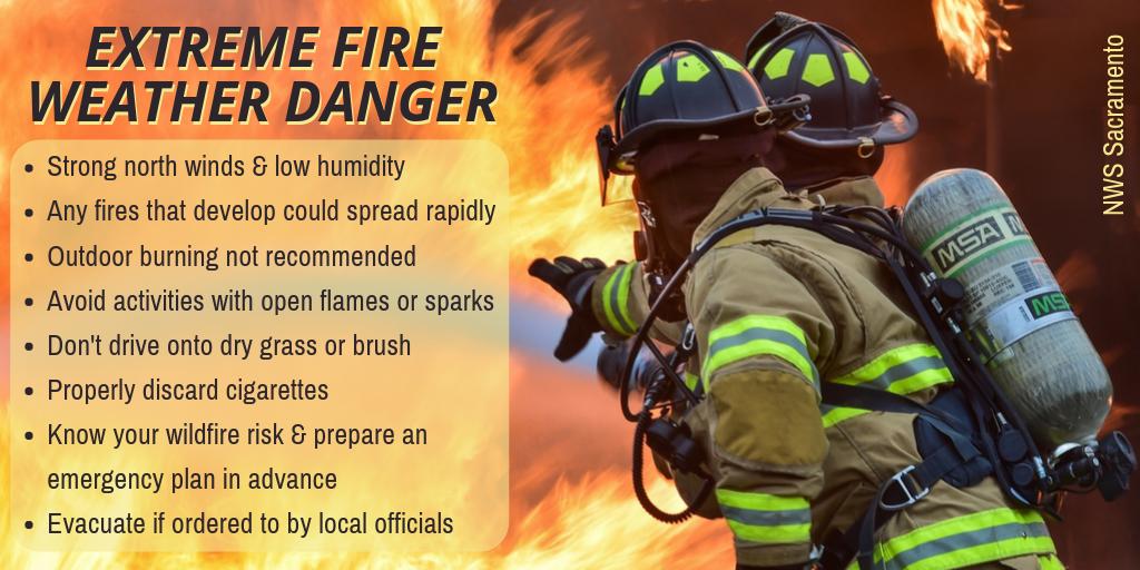 NWSSacramento's tweet photo. Extreme fire weather danger is expected for today and Thursday across much of Northern California. Check out these tips on how to stay prepared and how to reduce the chance of starting a #wildfire. #OneLessSpark #Prepared #cawx https://t.co/s2auK9m08K
