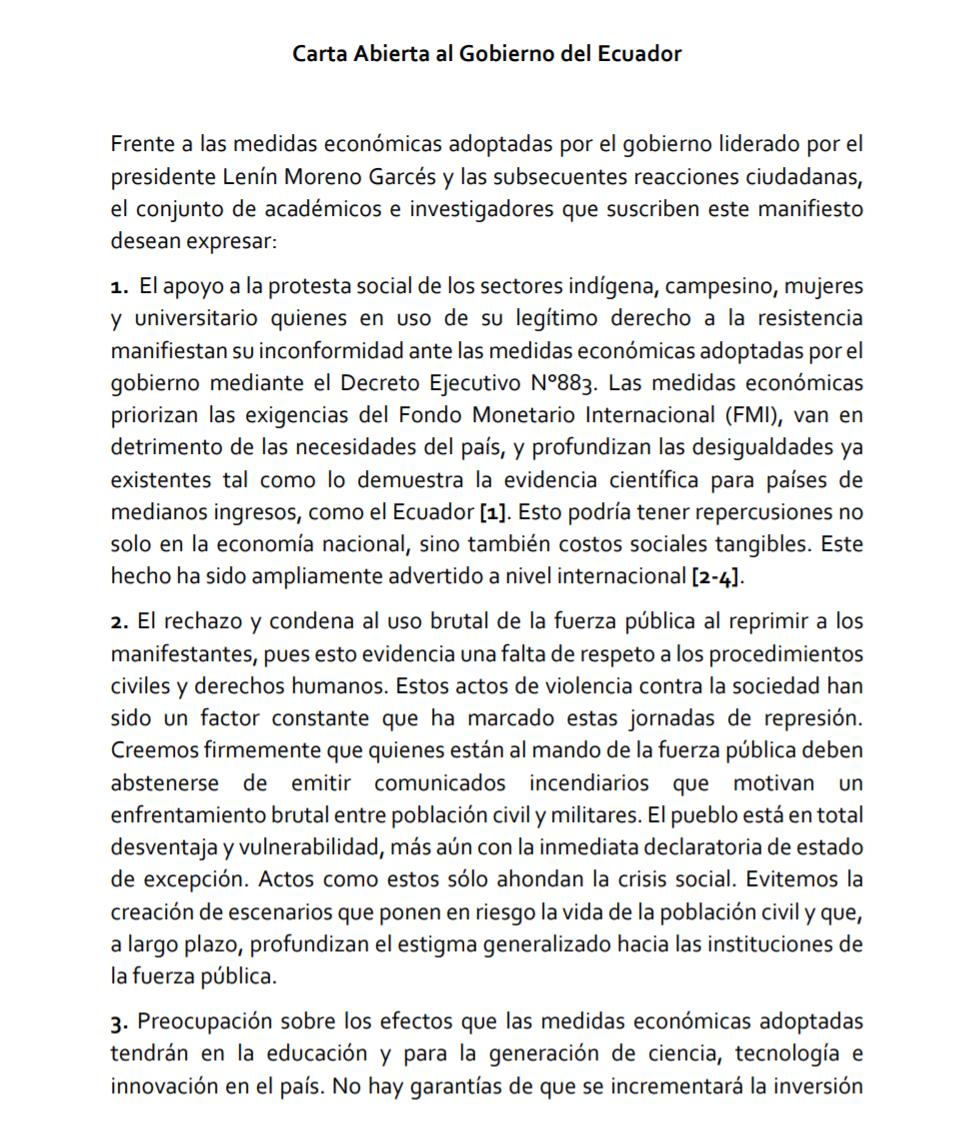 RedLibre_EC's tweet photo. CARTA ABIERTA AL GOBIERNO DE #Ecuador 
"Frente a las medidas económicas adoptadas por el gobierno liderado por el presidente Lenín Moreno y las subsecuentes reacciones ciudadanas " por parte de 124 académicos e investigadores extranjeros y ecuatorianos.

https://t.co/6C9Wacsivx https://t.co/xse4eUNpZZ