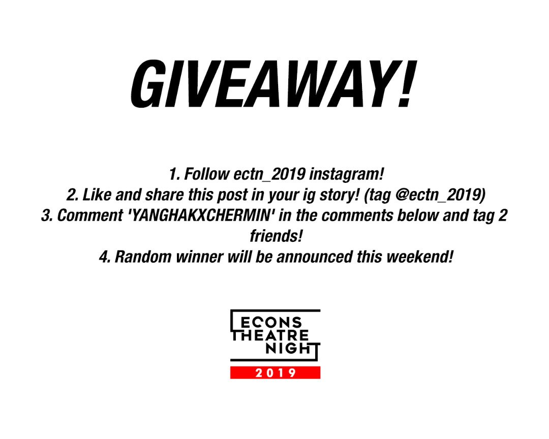 becs_theater's tweet photo. Head over to our Instagram (@ectn_2019) to stand a chance to win ECTN ticket for free!
#ECTN19
#CHERMINxYANGHAK https://t.co/Gg4EiThwyY