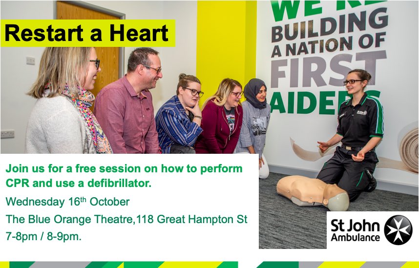 Just one more week to go until our free Restart a Heart event with <a href="/BlueOrangeThtr/">Blue Orange Theatre</a> in the Jewellery Quarter! Join us from 7-8pm or 8-9pm to learn some skills that could save a life! All ages welcome and no experience required. #RestartAHeart #JQ #LifeSaving <a href="/SJABhamNorth/">SJA Birmingham North</a>