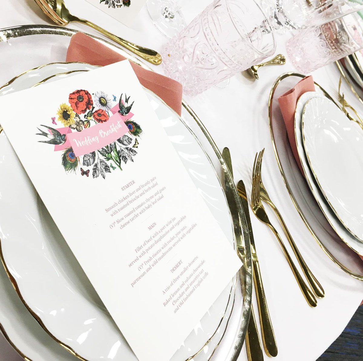 Rose blush and gold, one of our most popular combinations of 2019! Love the Dusky Pink Vintage Style water glasses here and that stationery by @lovestruck_stationery is just beautiful!! #hirethelot #roseblushwedding #pinkandgoldwedding #goldcutlery #weddinghire