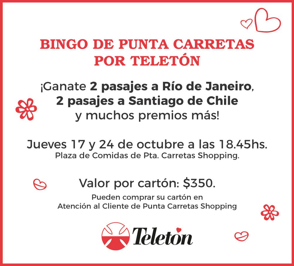 teletonuruguay's tweet photo. BINGO de @PuntaCarretas a beneficio de TELETÓN ❤. Entradas en Atención al Cliente del shopping (2do. piso). Para seguir brindando oportunidades a todos los niños y jóvenes que tienen el derecho a recibir una #rehabilitación de calidad.

📅 Jueves 17 y 24 de octubre.
⏱ 18:45 hs. https://t.co/PeApB1JS33