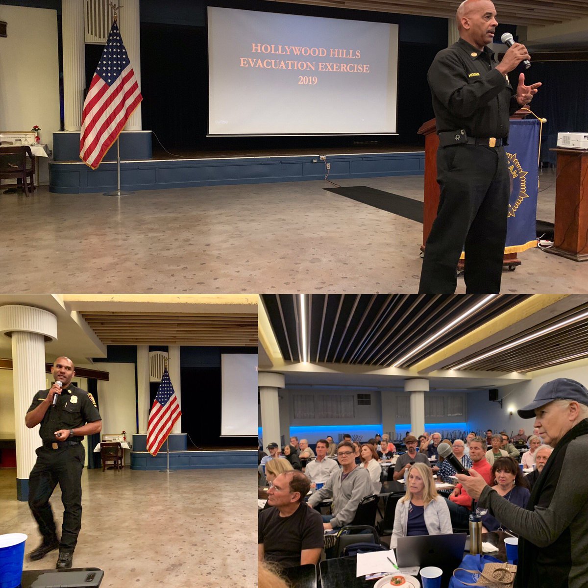 LAFDwest's tweet photo. @LAFDwest Chiefs Hogan &amp; Saunders at the evacuation exercise town hall meeting @Americanlegionpost43 for the Hollywood Hills. Great turnout by the community. The exercise will take place on November 16, 2019. @LAFDChief @LAFDAlPoirier @Lacitychiefs @LAFDtalk #resilience #inform https://t.co/oqtFFI29Sm