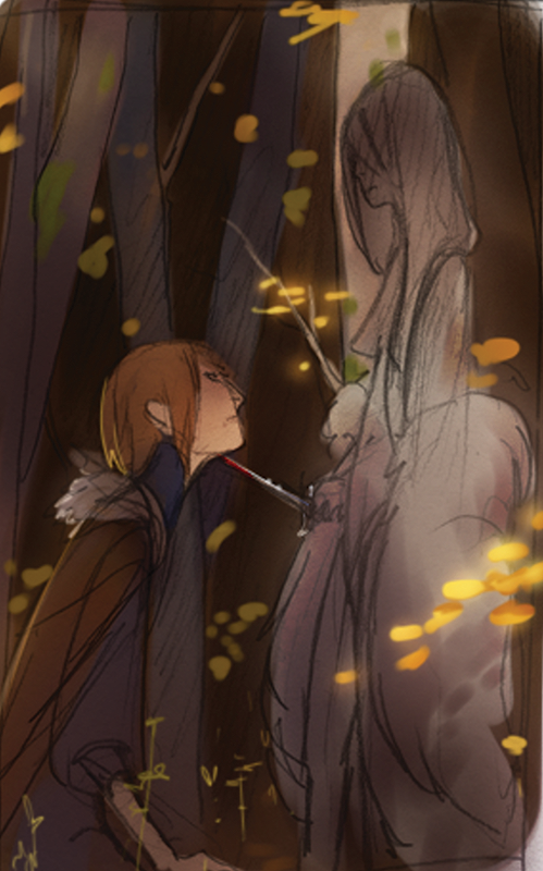 a few weeks later I needed colors and a mood for an illustration and yoinked them from that sketch. but it turned out I couldn't hack them at ALL in real paint.... I ended up just enlarging the digital color study and Soft Light-ing it right over the scan, mismatches and all lol 