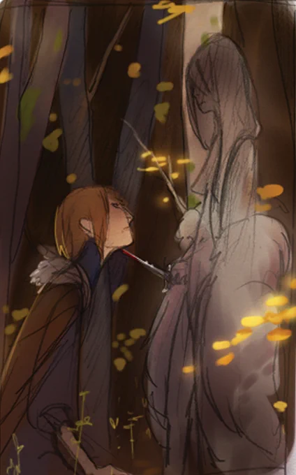 a few weeks later I needed colors and a mood for an illustration and yoinked them from that sketch. but it turned out I couldn't hack them at ALL in real paint.... I ended up just enlarging the digital color study and Soft Light-ing it right over the scan, mismatches and all lol 