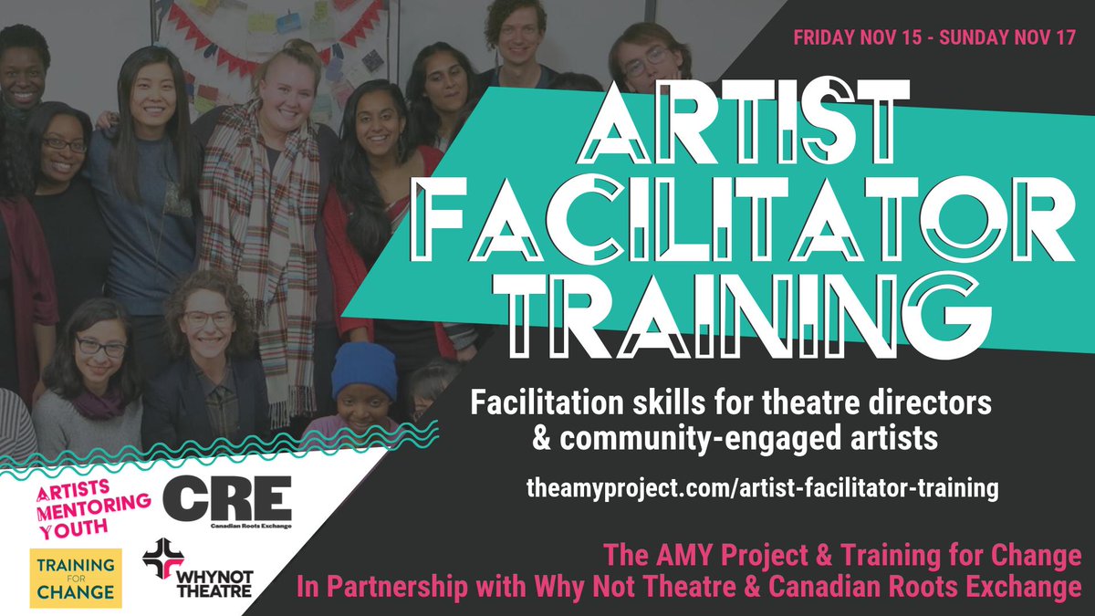 ARTIST FACILITATOR TRAINING
AMY in partnership w <a href="/TFCtrains/">Training for Change</a>, @theatrewhynot, @CdnRoots
Attn community arts facilitators&amp; theatre directors!
An adapted version of TfC's Training for Social Action Trainers, designed specifically for group-based artistic work
theamyproject.com/artist-facilit…