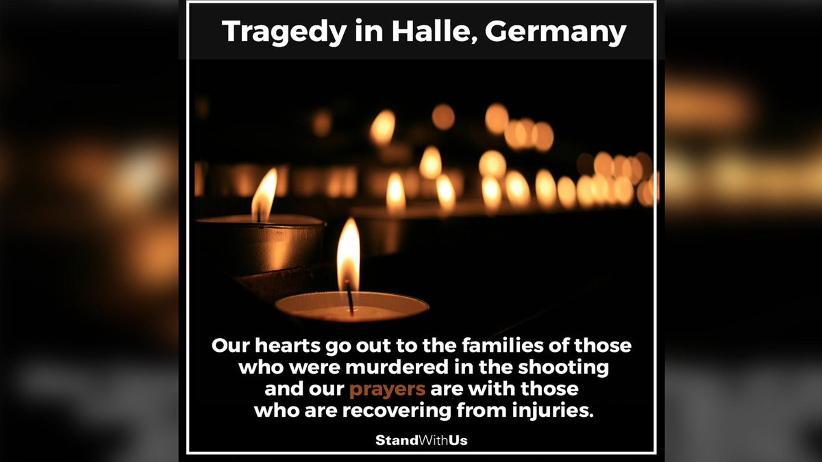 StandWithUs's tweet photo. StandWithUs is horrified at the shooting attack on a synagogue in #Halle, #Germany on the holiest day of the Jewish calendar, #YomKippur.

Our hearts go out to the families of those who were murdered and our prayers are with those who are recovering from injuries. https://t.co/PCfOxnIQX0