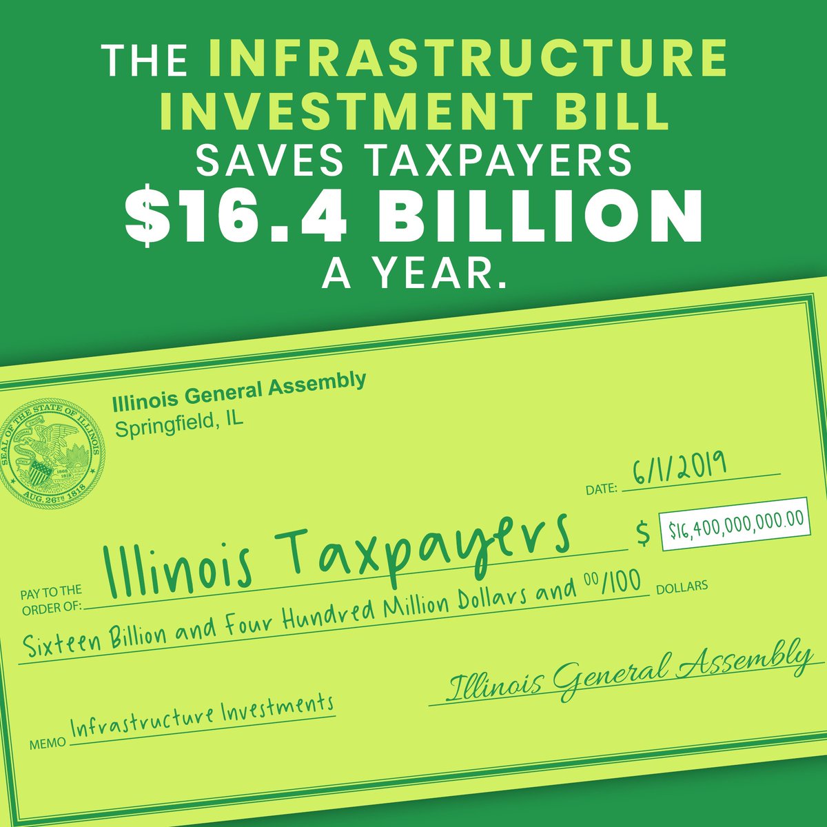 Each year our crumbling roads cost taxpayers billions of dollars. Instead of wasting this money, we should be investing in creating hundreds of thousands of jobs rebuilding our roads and bridges. #RebuildIL