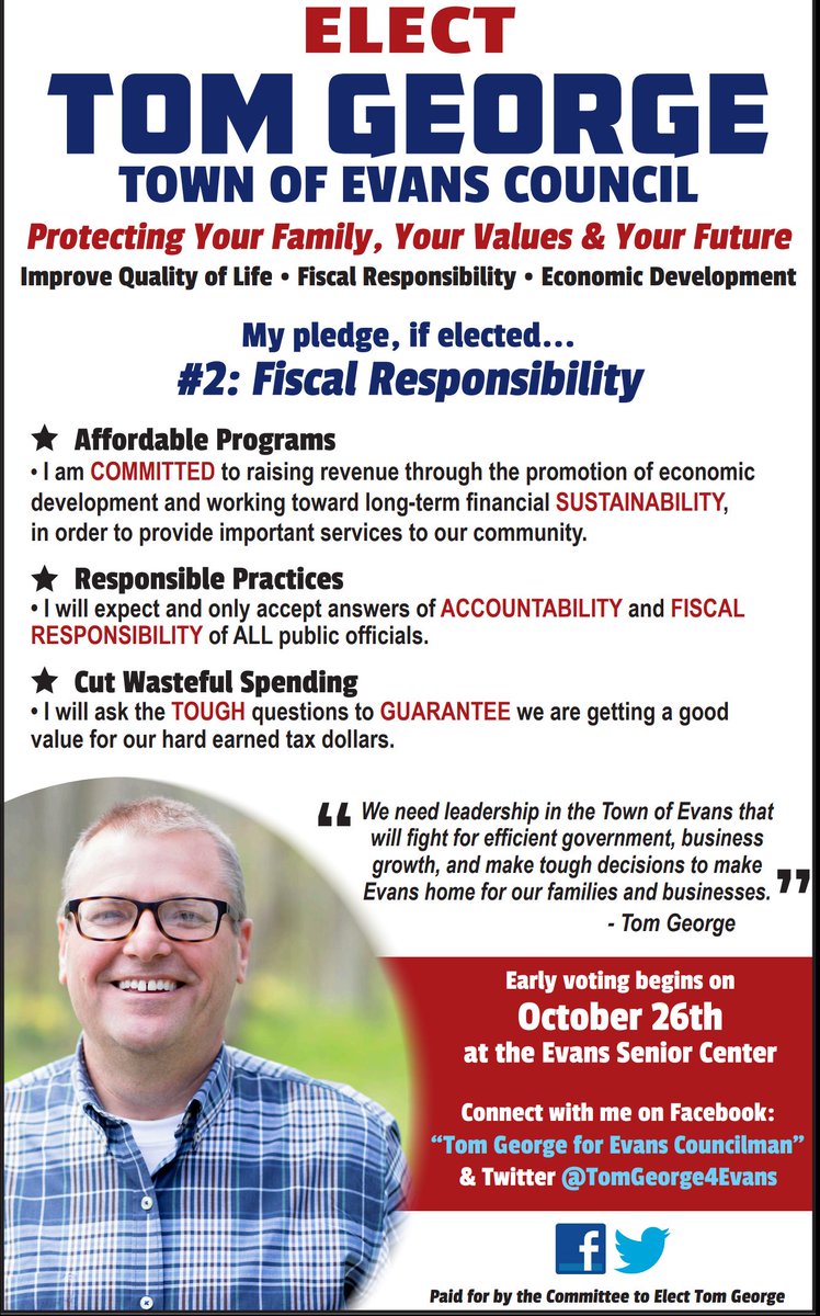 The 2nd of a three ad series in the Pennysaver.  This week I'm elaborating on the 2nd point of my 3 POINT PLEDGE to the residents of Evans.

#1 "Improve Quality of Life"
#2 "Fiscal Responsibility"
#3 "Economic Development"
