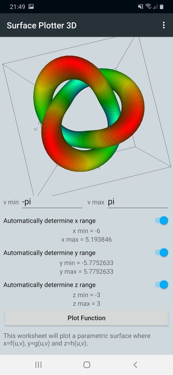 jajae_me's tweet photo. Surface Plotter 3D V1.4 now available...
https://t.co/GkkQtYfYLo

Now supports parametric plots.
Please leave a review if you get some time. Thanks 😀

#math #maths #science #physics #stem #analysis #complexnumbers #complexanalysis #student #mathsdegree @OUMathsStats @OU_MathsEd https://t.co/ntqL78ntUq