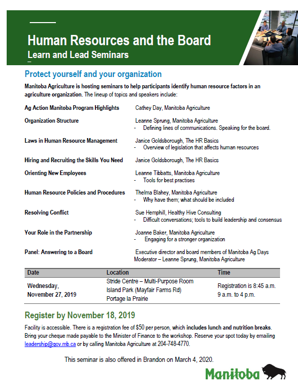 MBGovAg's tweet photo. The Rural Leadership team invites you to join us in Portage la Prairie on November 27, 2019 for the Learn and Lead Seminar: Human Resources and the Board. For more information and to sign up, visit https://t.co/UsekbPBnq0. https://t.co/erZl3Y6fZb