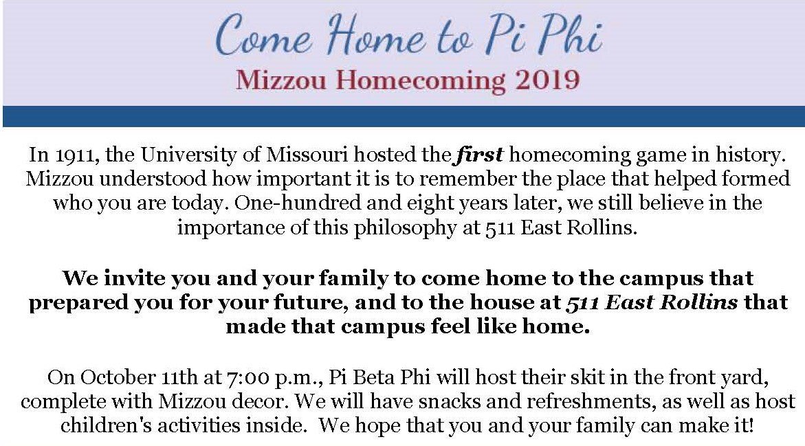 We welcome all alumni home for Homecoming! Please join us October 11 at 7:00 p.m. for a skit and presentation of our campus decorations.