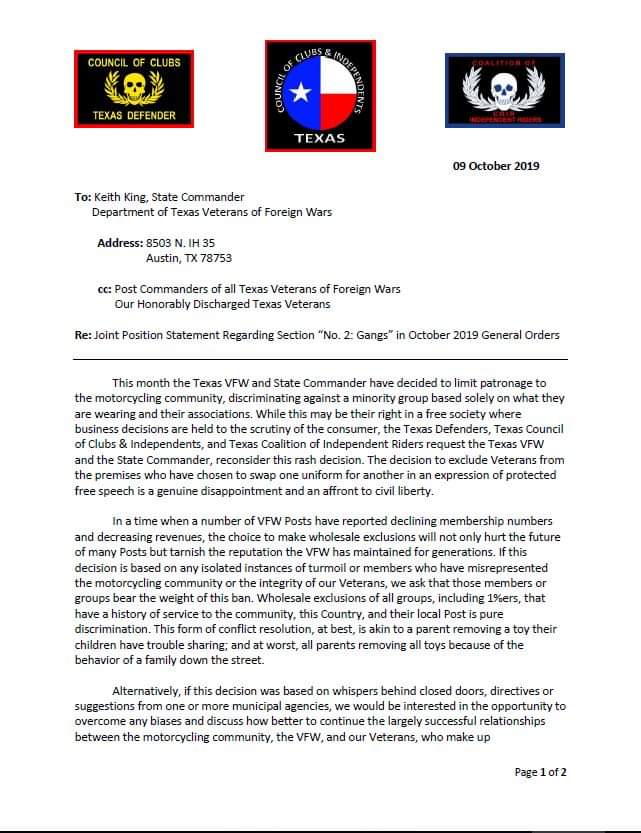 TexasCOCI's tweet photo. Our joint response regarding the recent decision of the Texas VFW and State Commander ban of MCs from holding events at VFW Posts. https://t.co/oHKNmY3ezc