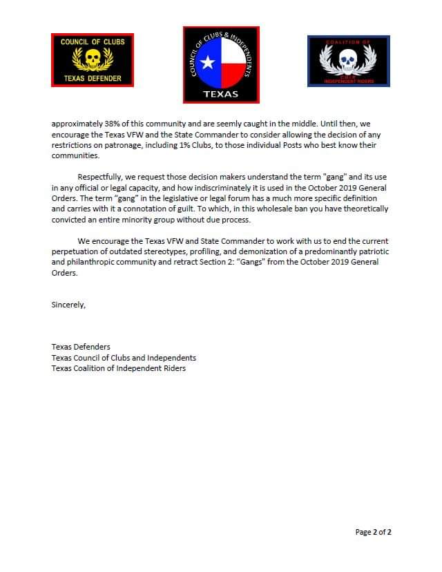 TexasCOCI's tweet photo. Our joint response regarding the recent decision of the Texas VFW and State Commander ban of MCs from holding events at VFW Posts. https://t.co/oHKNmY3ezc