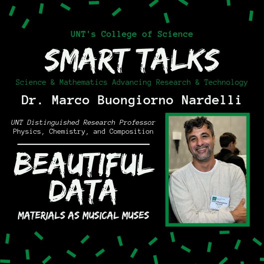Dr. Buongiorno Nardelli is the guest speaker for <a href="/UNTScience/">UNT College of Science</a>’s SMART TALK! Come hear his talk “Beautiful Data” on October 24th, 4pm in the UNT Lyceum.