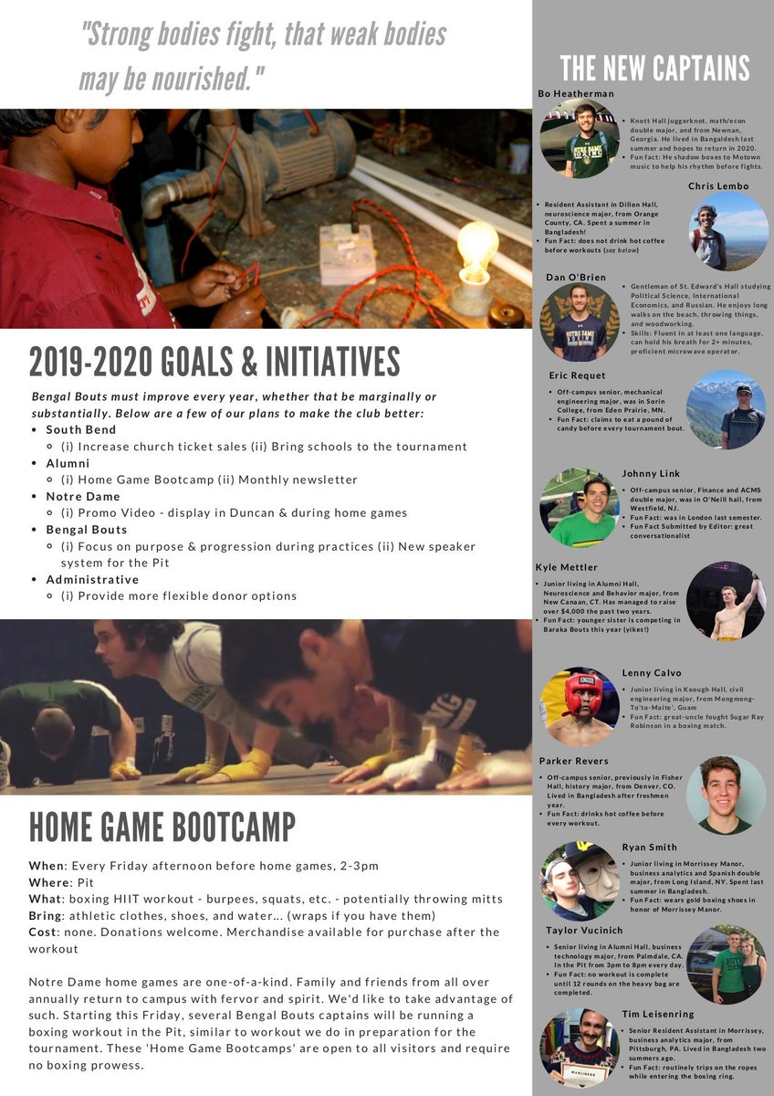 (1) Our monthly newsletter, the 'Bouts Bulletin' is attached
(2) Please share this with any Bengal Bouts enthusiasts
(3) Noncurrent-students, please attend our 'Home Game Bootcamp' this Friday from 2-3pm in the Pit. Further details are in the newsletter