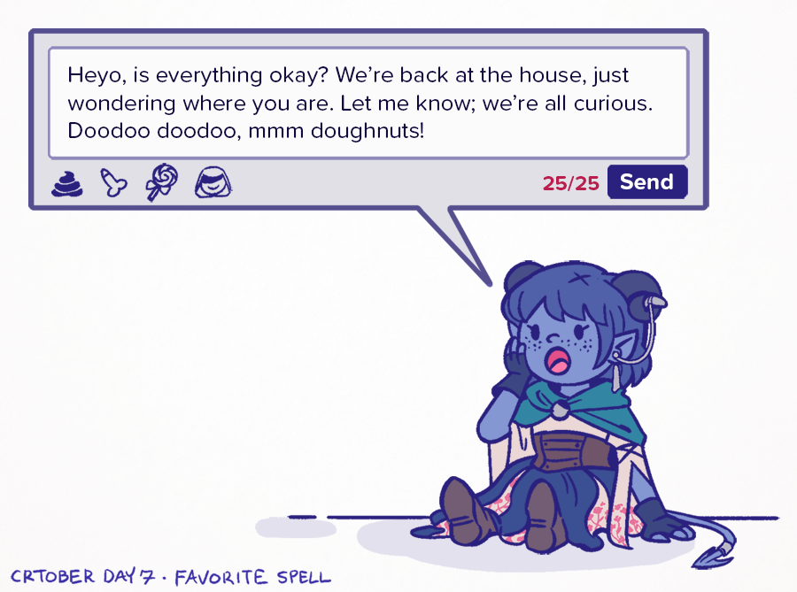 pattithebard's tweet photo. OOPS I'm super behind but here's my #crinktober2019 #crinktober for Day 7, Favorite Spell! I chose Sending, but only when Jester casts it 😂 #CriticalRole #CriticalRoleArt https://t.co/OfzuFIUT7n