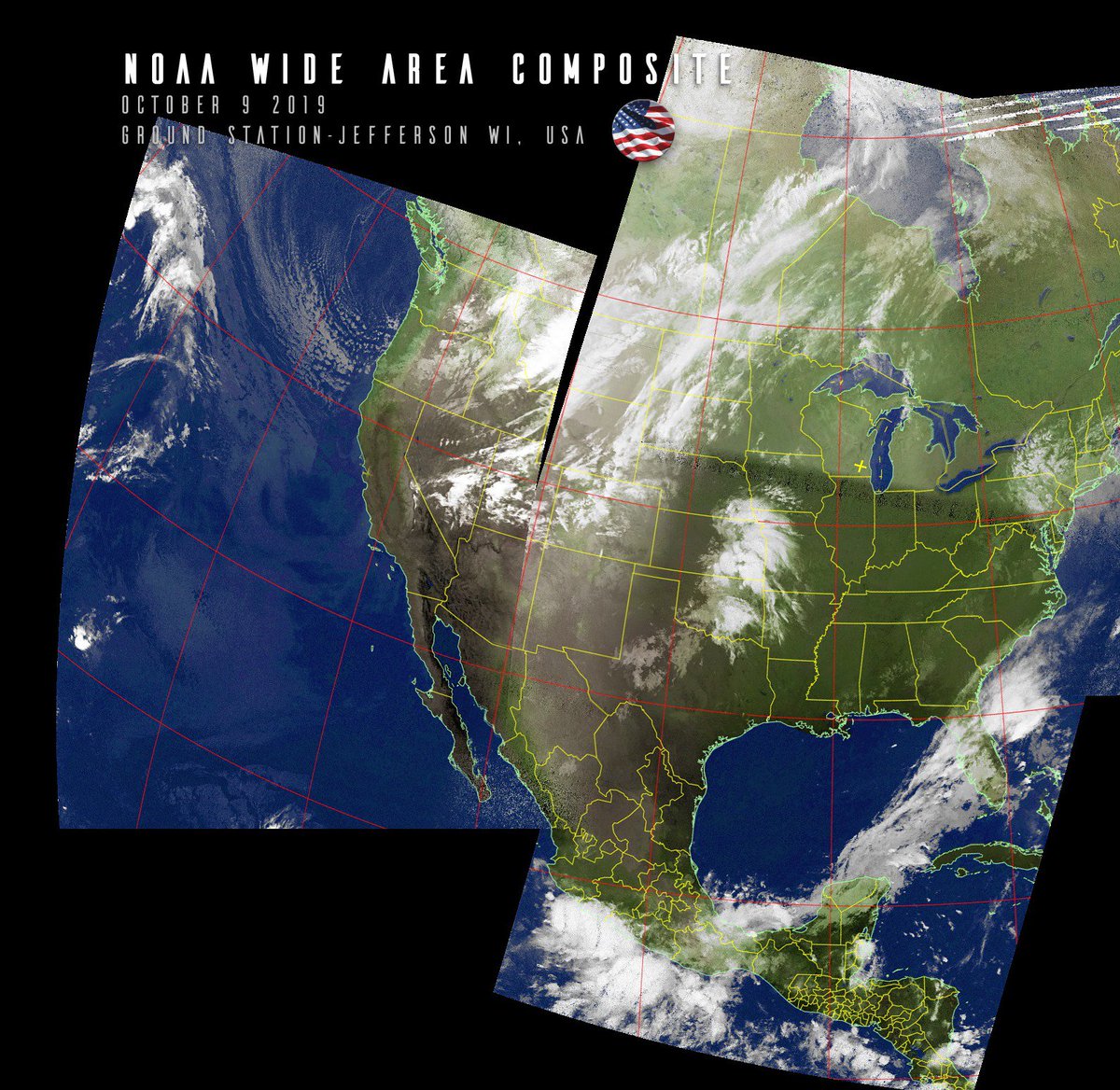 carlreinemann's tweet photo. NOAA Wide Area Composite today, almost got it all! One thing slice missing! 
#satellites
#noaa
#rtlsdr
#aptsatellite 
SDR# 1705 with @Nooelec SmarteeXTR and Sawbird LNA, LaNA, QFH Antenna https://t.co/Sw2zWvn9bm