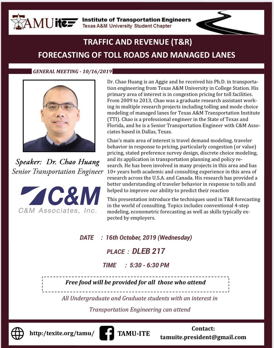 TAMUite (@itetamu) on Twitter photo C&M - Dallas is coming in next Wednesday. Dr. Chao Huang (an Aggie) is invited to talk about the techniques used in T&R forecasting in the world of consulting. Topics includes conventional 4-step modeling, econometric forecasting, etc. <a href="/TAMUCVEN/">TAMU Civil & Environmental Engineering</a> <a href="/TAMUEngineering/">TAMU Engineering</a> <a href="/ITETAMU/">TAMUite</a> C&M - Dallas is coming in next Wednesday. Dr. Chao Huang (an Aggie) is invited to talk about the techniques used in T&R forecasting in the world of consulting. Topics includes conventional 4-step modeling, econometric forecasting, etc. <a href="/TAMUCVEN/">TAMU Civil & Environmental Engineering</a> <a href="/TAMUEngineering/">TAMU Engineering</a> <a href="/ITETAMU/">TAMUite</a>