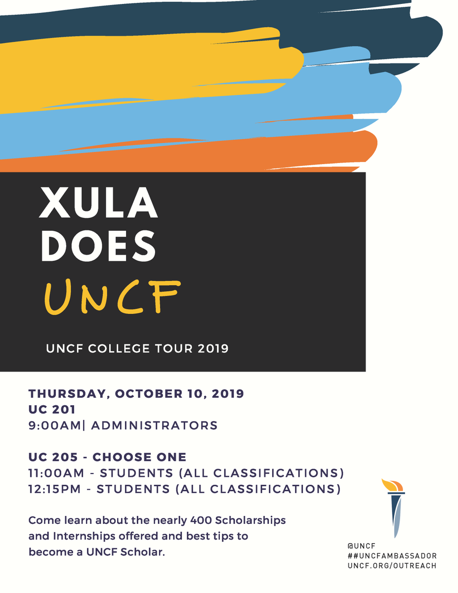 ocs_xula's tweet photo. Are you ready? Join us tomorrow and learn about the nearly 400 scholarships and internships offered by the UNCF! Become a UNCF scholar! #HireGold #UNCFCPI #theXULApath https://t.co/VCncvIT3TM