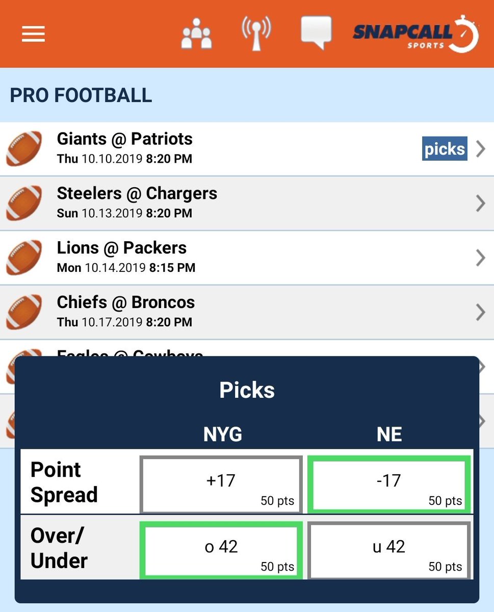 We're kicking off week 6 on Thursday night with a former SB rivalry. Rookie QB Daniel Jones and the Giants head to Foxboro to take on the undefeated Patriots. Make your pregame picks NOW on the in-app Schedule page!