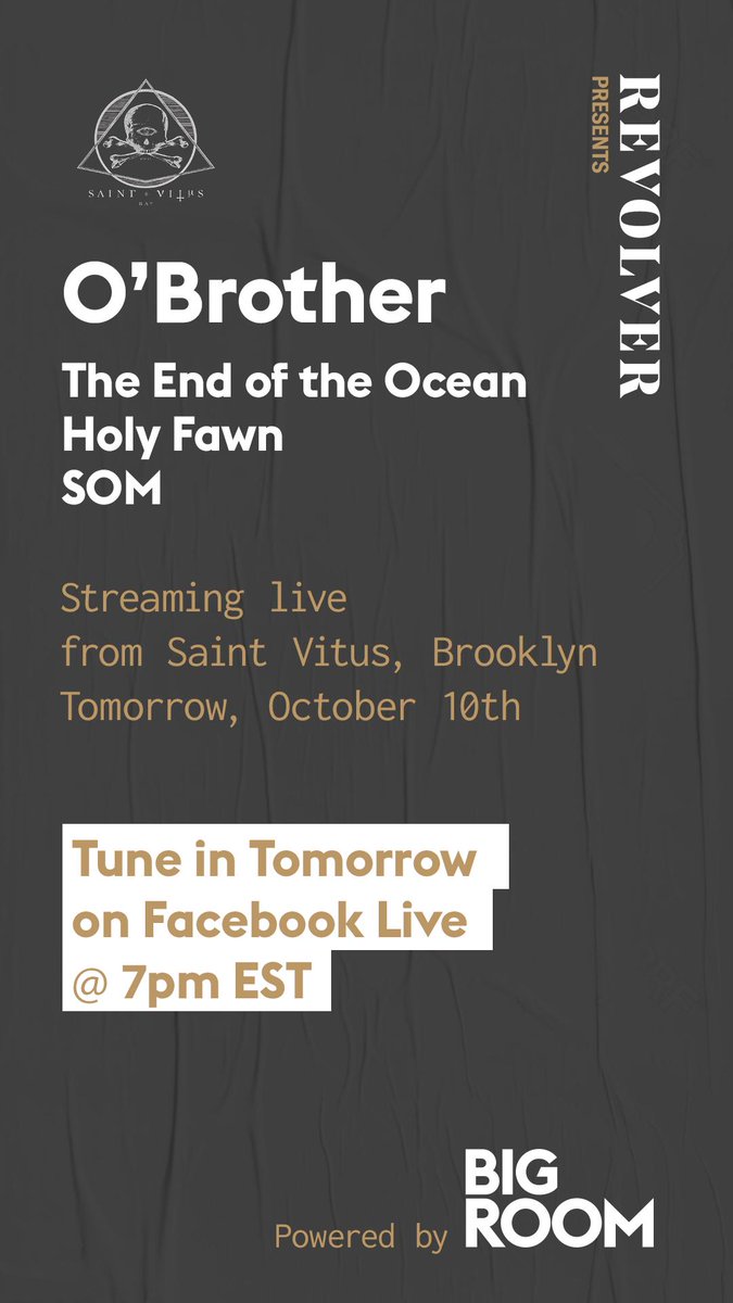 We'll be streaming <a href="/obrothermusic/">o'brother</a>, <a href="/endoftheocean/">The End Of The Ocean</a>, <a href="/FawnHoly/">HolyFawn</a> and SOM live tomorrow from <a href="/saintvitusbar/">Saint Vitus</a> in Brooklyn, New York. Tune into our Facebook channel Thursday at 7 p.m. to catch the action.