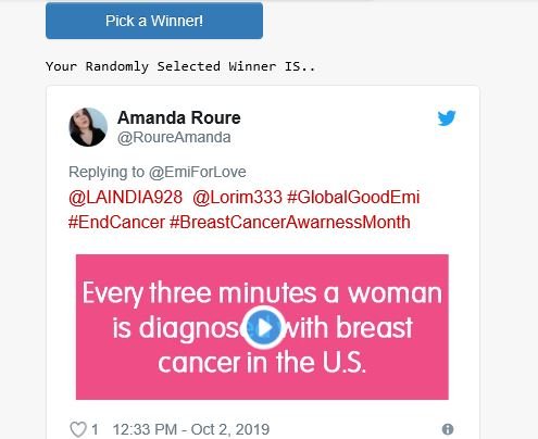 CONGRATS🎉🎉🎉 <a href="/RoureAmanda/">Amanda</a> for winning the #GlobalGoodEmi 'It's Time to #ENDCancer" campaign for #BreastCancerAwarenessMonth2019 
Pls DM your shipping address to receive your BEAUTIFUL Anne Klein pink watch with diamond accent💎💝

💖THANK you #breastcancerawareness supporters💖