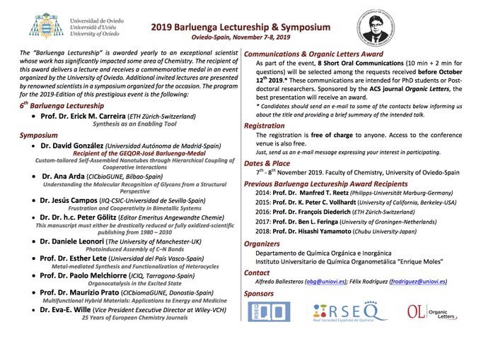 GroupSOSLab1's tweet photo. Os recordamos que para poder tener una Short Oral Communication en la #BarluengaLectureship2019 es necesario inscribirse antes del 12 de Octubre, este sábado, enviando un email a abg@uniovi.es o a frodriguez@uniovi.es
#OsEsperamos #Química #Lectureship #Barluenga #Noviembre https://t.co/dHJKzzbZd1
