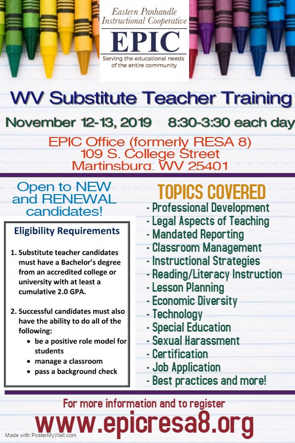 RESA_8's tweet photo. Our next EPIC WV Substitute Teacher Training class is scheduled for November 12-13 from 8:30-3:30 each day in our Martinsburg office. This class is open to new and renewal candidates! Visit https://t.co/hNEm4hLZjS for more information and to register today! https://t.co/4TJF1s3KF5