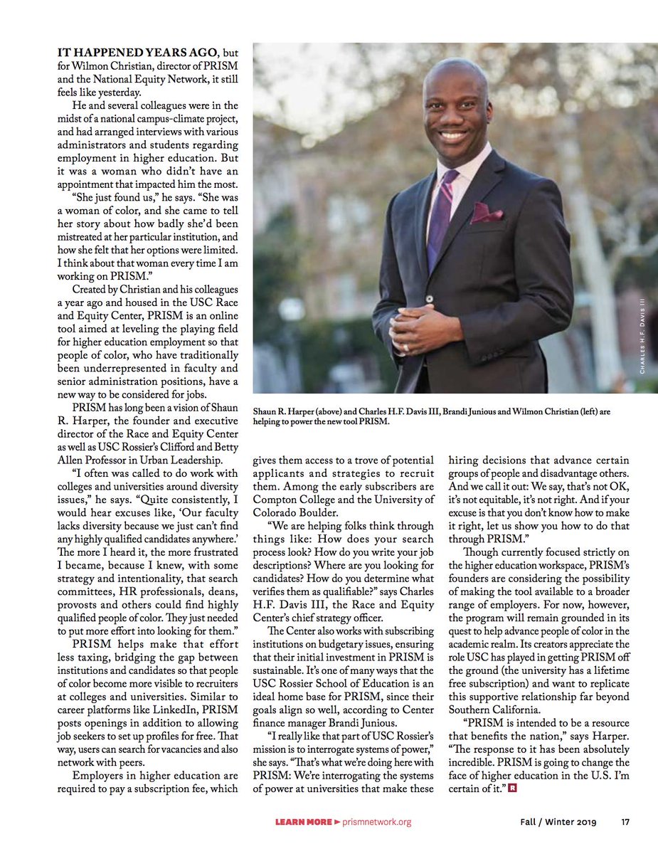 USCRaceEquity's tweet photo. PRISM was featured in the most recent (fall/winter 2019) edition of the USC Rossier Magazine! The article speaks to the genesis of PRISM & how we intend to leverage this tool to achieve hiring equity in higher ed! Find out more at https://t.co/ITb5ZrPO9L #SeeInColor #WorkInColor https://t.co/UgPVuMPz2Y