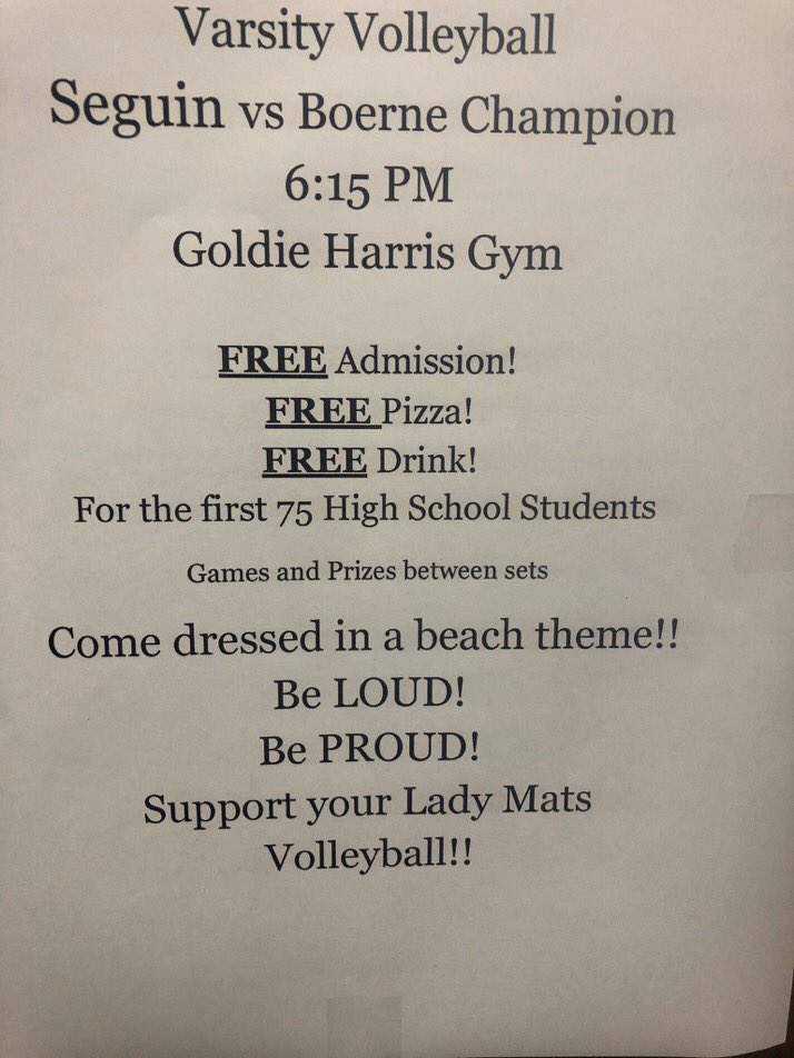 matsstudentsect's tweet photo. Come support your lady matador volleyball team Friday at home as they take on Boerne Champion! FREE pizza drink and admission along with fun games and prizes! See you there! https://t.co/8KT4YuM02x