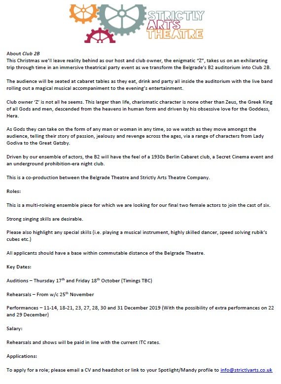 Strictly Arts (@strictlyarts) on Twitter photo CASTING ALERT: We are looking for 2 female actors to join the cast of #Club2B which is <a href="/BelgradeTheatre/">Belgrade Theatre</a> this December. Check out the details below and email info@strictlyarts.co.uk if you wish to apply! #castingcall #CASTING #Coventry CASTING ALERT: We are looking for 2 female actors to join the cast of #Club2B which is <a href="/BelgradeTheatre/">Belgrade Theatre</a> this December. Check out the details below and email info@strictlyarts.co.uk if you wish to apply! #castingcall #CASTING #Coventry