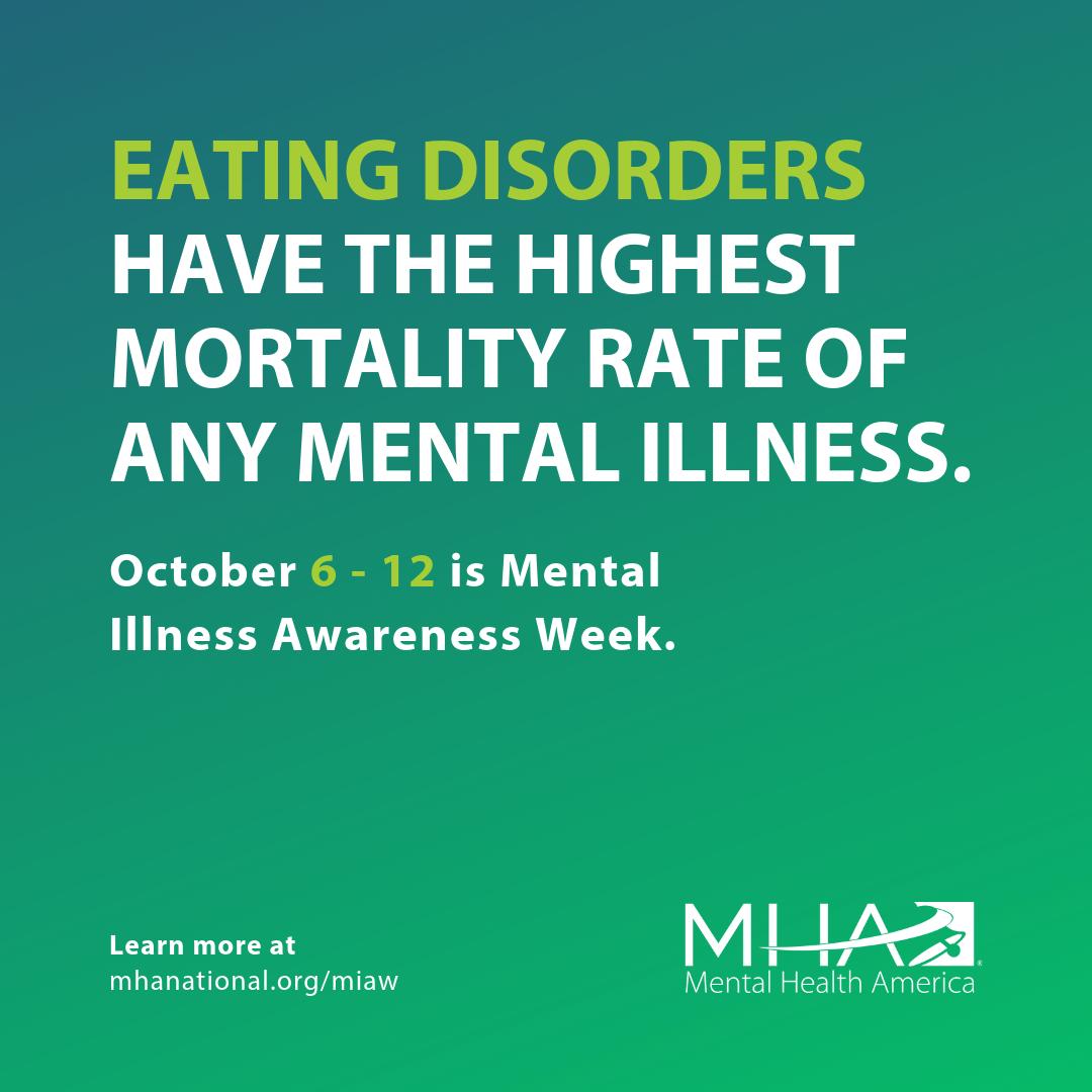 NationalCouncil's tweet image. Eating disorders have the highest mortality rate of any #mentalillness, and the longer they go undiagnosed, the more difficult they are to treat. Learn more: buff.ly/2QiTms2 #MIAW19