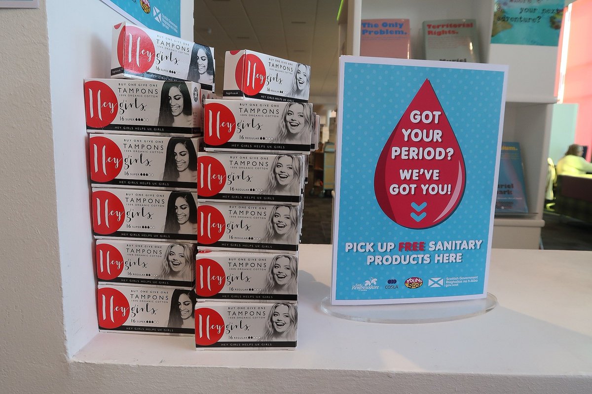EastRenCouncil's tweet photo. Up to 25% of women have had difficulties accessing sanitary products

To challenge this we've made a variety of sanitary products available across a wide range of buildings including Council offices, health centres, halls, libraries and sports centres

#ChallengePoverty #AyeWeCan https://t.co/w57bW0kypt