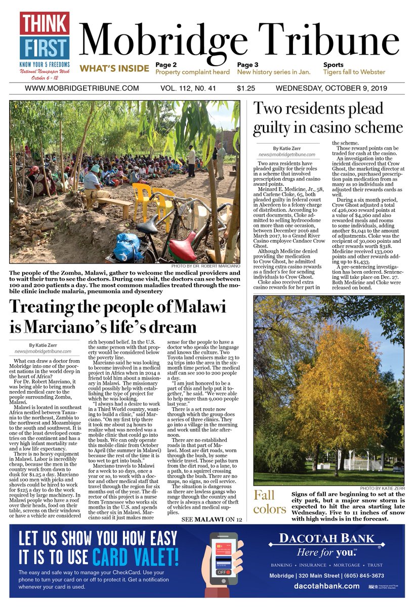 MobridgeTribune's tweet photo. In this week’s Tribune a mobile clinic in Mawali is Dr. Robert Marciano’s life’s dream and the city council once again deals with property complaints. In Sports the MP Tigers fall from the ranks of the undefeated at the hands of Webster. https://t.co/qyxZqcTMWz https://t.co/T3970OlcsU