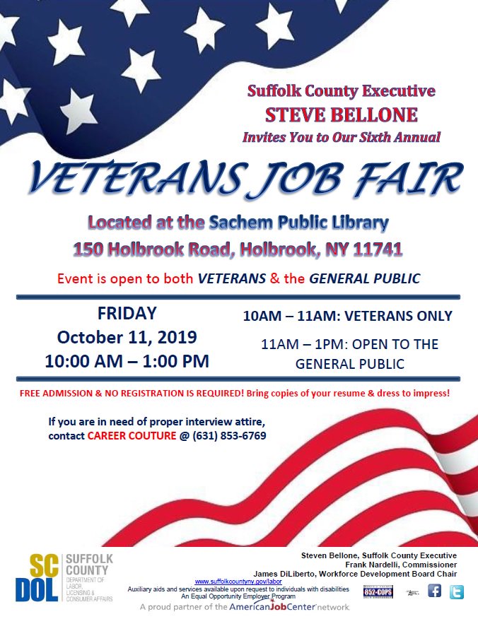 SuffolkLabor's tweet photo. Join @SuffolkLabor & Suffolk County Veterans Service Agency at this year’s Veteran's Job Fair • Friday, October 11, 2019 • 10am - 11am for VETERANS ONLY & 11am - 1pm for the public @sachemlibrary #LongIsland #LIVets #VeteranJobs #Veterans #Jobs4Vets https://t.co/JeRUa5ERTW