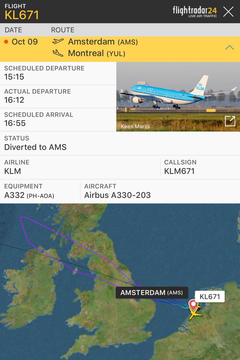 TomPodolec's tweet photo. @AirportWebcams @flightradar24 Update KLM #KL671 to Montreal returned to Amsterdam. KLM tells me the flight has been “cancelled due to technical reasons.” 
https://t.co/SXHB7YXi3E

https://t.co/N1TsfS85Do https://t.co/Sk0NDj8fEZ