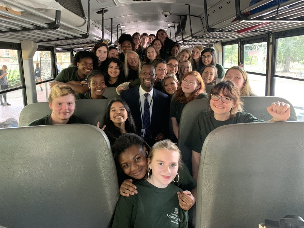 MrsJacksonDFHS's tweet photo. Not bragging or anything, but @LexRich5Schools have THE BEST leaders! Can you spot our superintendent @chrimelt and @IrmoHigh principal @rlhardyus in this group shot at @UofSCEducation College Day and DFHS principal Dr. Gary on the bus with @dfteachercadets? Yeah, they cool 😎 https://t.co/22veGdzZUd