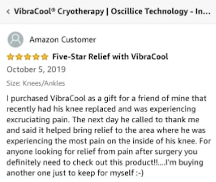 vibracool's tweet photo. “It ain’t bragging if it’s true," right? This 5-star review of our VibraCool Extended for Knee (and Headache!) tells a story of pain relief for post-op knee replacement. Find @VibraCool on Amazon or at our store. #WhatWorksForPain #DrugFree #MedicalDevices https://t.co/6jNGjgIBKP https://t.co/QznlmU84fY