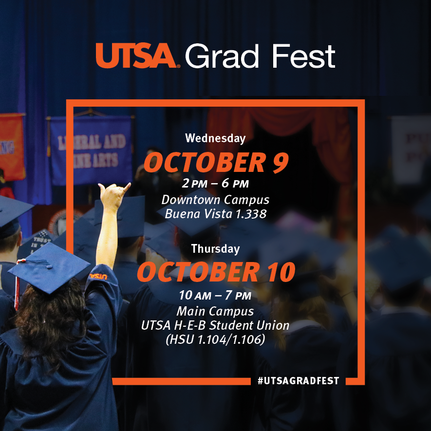 UTSAOneStop's tweet image. #UTSAGradFest starts today! If you're a part of #UTSAGrad19, be sure to join us either today or tomorrow to get ready for graduation and commencement! #UTSA