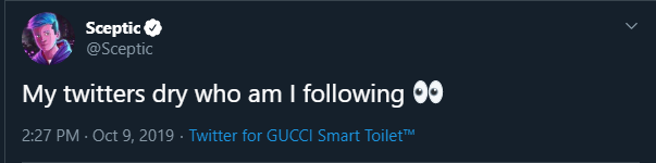 Actively squeeze weed Kursed on Twitter: "This dude @Sceptic is tweeting from a MF GUCCI Smart Toilet LMAOOOOO That Fortnite WorldCup money is REALLY hittin' different huh? https://t.co/fxMFllAbws" / Twitter Actively squeeze weed Kursed on Twitter: "This dude @Sceptic is tweeting from a MF GUCCI Smart Toilet LMAOOOOO That Fortnite WorldCup money is REALLY hittin' different huh? https://t.co/fxMFllAbws" / Twitter