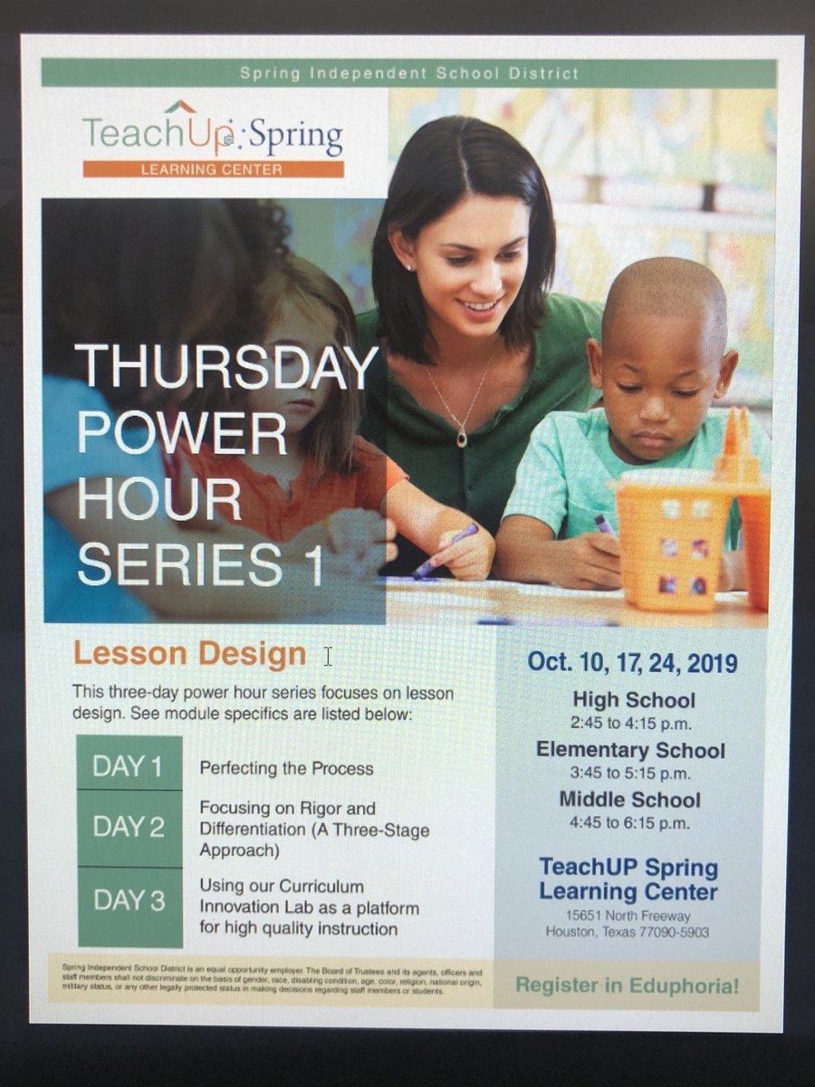 MattMPariseau's tweet photo. Don’t miss out on attending the Spring ISD Lesson Design Power Hour Series. These sessions are open to all teachers. Today is the last day to register and the 3 part series begins after school tomorrow. #TeachUpSpring #SOAR #LessonDesign @SpringISD_Curr https://t.co/ymMbmKL7cO