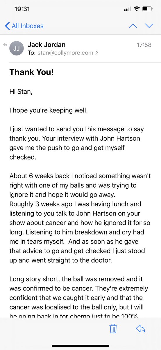 StanCollymore's tweet photo. Jack Jordan is a young Villa fan who heard the incredible @JohnHartson10 story on The Last Word.

He emailed me this today and gave his permission to post so that other young men can benefit. Amln incredible young man! 

Lads, check yourselves, 30 seconds may save your life. https://t.co/BrdNqLTvFs