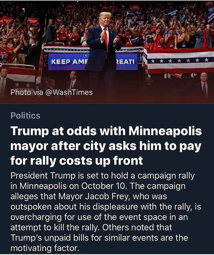 missmaybell's tweet image. Very smart Mayor Jacob Frey! Donald Trump NEVER PAYS HIS BILL'S. He's a GRIFTER! FACT. He comes into every Town charges every thing pays for NOTHING: #TRUMP  claims (although no Potus has ever down this) Its his right as President #MayorJacobFrey #JacobFrey #MinneapolisStrong 👊