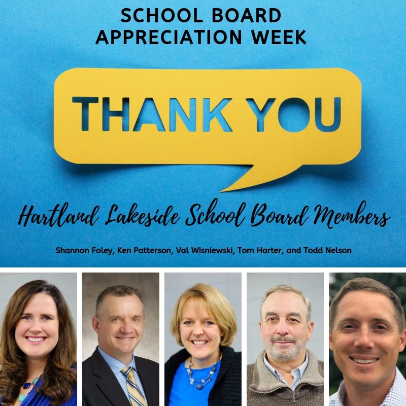 HartlandSD's tweet photo. Shout out to our incredible Board of Education members, Shannon Foley, Ken Patterson, Val Wisniewski, Tom Harter, and Todd Nelson for their leadership, support, and service to the Hartland Lakeside School District. #ThankYou #SchoolBoardAppreciationWeek https://t.co/nhiGTD1kG0