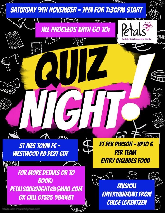 mattreferee's tweet image. On Saturday 9th November we are running a charity quiz night at St-Ive’s Town FC in aid of Petals

Petals provides a specialised counselling service at Addenbrookes Hospital

petalscharity.org

The quiz cost £7 per person upto 6 per team Please come and support this event.