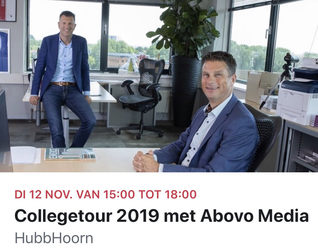 Vandaag met RJ Knook en Rob Van Loon de voorbespreking gehad voor dinsdag  12 november 2019:
De West-Friese College Tour die in het teken staat van ABOVO Media.
Wil je erbij zijn?

Info en tickets:
lnkd.in/gm6bmrn