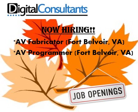 DigiconRocks's tweet photo. Looking for a new job this fall season?! We have openings for an AV Fabricator and an AV Programmer in Fort Belvoir, VA. APPLY TODAY @ https://t.co/7MHmOu5Bcj!!
#DigiConRocks #AVProgrammer #AVFabricator https://t.co/QLvk5ZKQAz